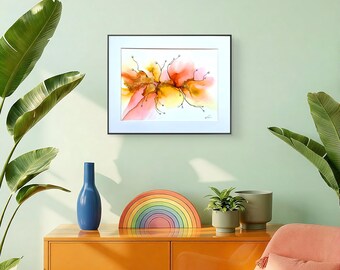 "Abstrakte Alkohol Tusche Malerei ""Feurige Blüte"", Original Fluid Art, moderne Wanddekoration, Yupo."