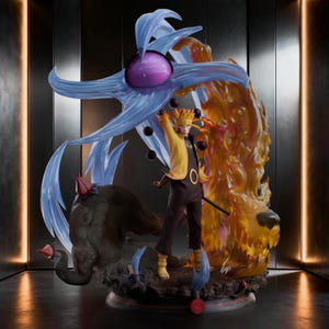 May include: A detailed figurine of an anime character in a dynamic pose. The figure is wearing a yellow and black outfit, with spiky blonde hair. It is surrounded by blue and orange energy effects, and stands on a detailed base.