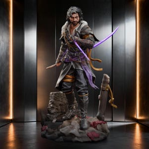 Puede incluir: Figura detallada de un personaje en un entorno de fantasía. La figura viste ropa oscura con detalles morados y dorados, sosteniendo una espada morada brillante. La base es un terreno rocoso con detalles rojos y rosas, y un poste de madera.