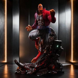 May include: A detailed figurine of a muscular character in a dynamic pose. The figure wears a red jacket, gray pants, and red boots. The statue is mounted on a dark, futuristic base with glowing accents, set against a metallic backdrop.