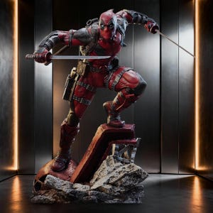 May include: A detailed statue of Deadpool in a dynamic pose, clad in a red and black suit, holding two katanas. The figure is mounted on a rocky base with a skull, showcasing intricate details and textures. The statue is a collectible item.