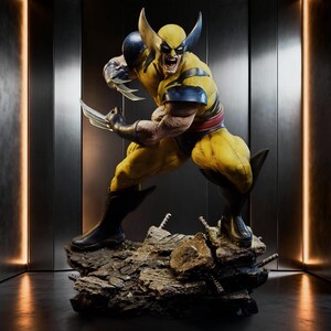 May include: A dynamic statue of Wolverine in a yellow and blue costume, poised in a battle stance. The figure has claws extended and is standing on a rocky base. The statue is highly detailed and captures the character's aggressive expression.