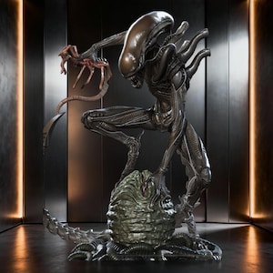 May include: A detailed sculpture of an Alien creature, posed menacingly. The figure is dark metallic with a smooth head and elongated limbs. It stands over a textured, green egg-like structure, with a long, segmented tail. The background is a dark, industrial setting.