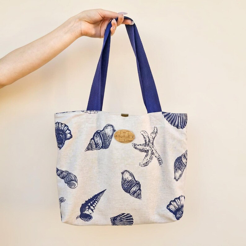 Shell Print Linen Tote Bag • Coastal Beach Shopper With Pocket ...