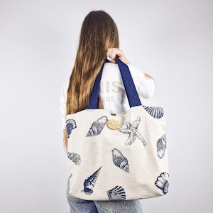 Bolso tote de lino con estampado de conchas • Bolso de playa costero con bolsillo y cierre magnético