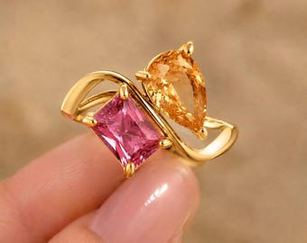Bague Toi et Moi personnalisée, bague double pierre de naissance, bague délicate plaquée or 14 carats, bijou de couple sur mesure, cadeau d'anniversaire, cadeau pour elle