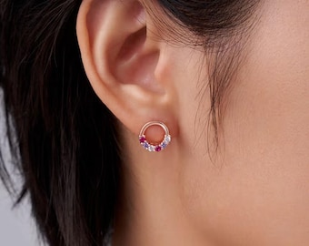 Dainty Birthstone Earrings, Custom Multiple Birthstone Earrings, 18K Gold and Diamond Earrings, Mother's Day Gift for Her, Birthday Gifts