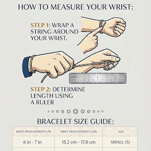 Puede incluir: Diagrama que muestra c&oacute;mo medir el tama&ntilde;o de la mu&ntilde;eca para pulseras. Paso 1: envuelva un hilo alrededor de su mu&ntilde;eca. Paso 2: determine la longitud con una regla. Se incluye una gu&iacute;a de tallas de pulseras, con medidas en cm.