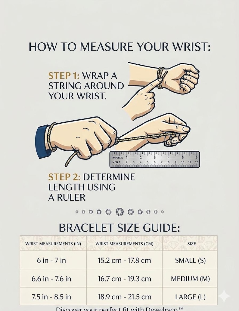 Puede incluir: Diagrama que muestra c&oacute;mo medir el tama&ntilde;o de la mu&ntilde;eca para pulseras. Paso 1: envuelva un hilo alrededor de su mu&ntilde;eca. Paso 2: determine la longitud con una regla. Se incluye una gu&iacute;a de tallas de pulseras, con medidas en cm.