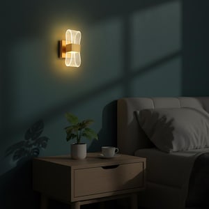 Op de afbeelding: Een moderne wandlamp met een goudkleurige basis en een heldere, getextureerde, boogvormige lamp. De lamp straalt een warme, uitnodigende gloed uit. De armatuur is gemonteerd op een donkergroene muur, boven een nachtkastje.
