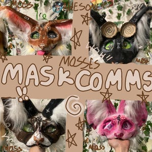 May include: Four animal-themed masks featuring faux fur and detailed facial features. The top left is brown and white, the top right is black with spiral eyes, the bottom left is brown and white with star markings, and the bottom right is pink.
