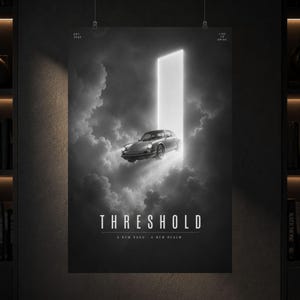 Pôster de carro THRESHOLD, arte de parede para porta iluminada, impressão automotiva surreal.