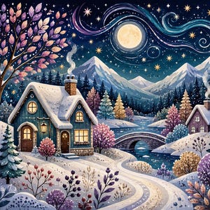 May include: A watercolour painting of a winter night scene. A snow-covered house with lit windows and a smoking chimney is central. A full moon and stars light the scene, with snow-covered mountains in the background. A bridge crosses a river.