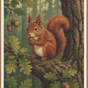 May include: A cross-stitch pattern featuring a brown squirrel with a bushy tail sitting on a textured tree branch. The squirrel holds an acorn in its paws. The scene includes green oak leaves, additional acorns hanging from branches, and a forest background.
