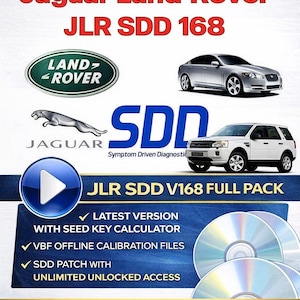 May include: Image featuring the Jaguar Land Rover logo, a silver car, and a white SUV. The text reads "JLR SDD 168" and "JLR SDD V168 FULL PACK." Additional text highlights features like the latest version and unlimited unlocked access. Several CDs are also visible.