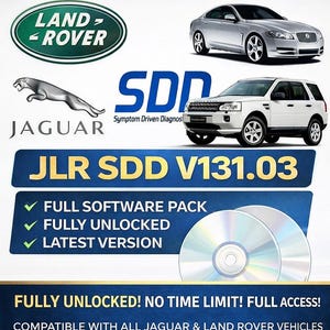 Könnte beinhalten: Das Bild zeigt die Logos von Land Rover und Jaguar, ein silbernes Auto und einen weißen SUV. Der Text lautet "JLR SDD V131.03" mit Häkchen für "Full Software Pack", "Fully Unlocked" und "Latest Version". Zwei CDs sind ebenfalls abgebildet.
