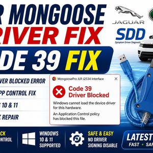 May include: A JLR Mongoose diagnostic interface tool with a blue cable and connector, featuring text overlays for a Code 39 driver fix. The graphic includes Jaguar and Land Rover logos, Windows 10 and 11 compatibility icons, and a pop-up window displaying a Code 39 driver blocked error message.
