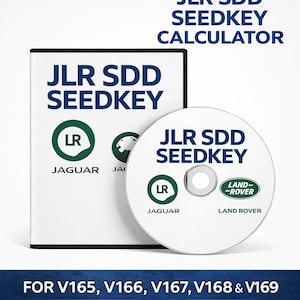 Pode incluir: Uma caixa e um CD brancos com o texto "JLR SDD SEEDKEY" e os logotipos "JAGUAR" e "LAND ROVER". O texto "FOR V165, V166, V167, V168 & V169" e "WORKS UNLIMITED TIMES" também são visíveis.