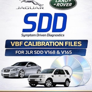 May include: Promotional image featuring Jaguar and Land Rover logos, with the text "SDD Symptom Driven Diagnostics" in blue. Includes images of a silver Jaguar sedan, a white Land Rover SUV, and two CDs. The text "VBF CALIBRATION FILES" is also present.