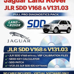 May include: Image promoting Jaguar Land Rover diagnostics software. Includes the Land Rover and Jaguar logos, a white SUV, and CDs. Text reads "JLR SDD V168 & V131.03" and "Full Pro Diagnostics Pack".