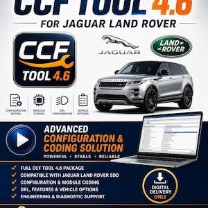 Pode incluir: Imagem promocional para CCF TOOL 4.6, uma solução de software para veículos Jaguar Land Rover. A imagem apresenta o logotipo CCF TOOL, um SUV prateado e um laptop exibindo a interface do software. O texto destaca recursos avançados de configuração e codificação.