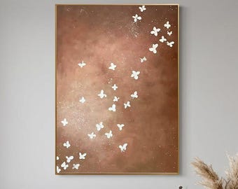 Hand-Painted Butterfly Original Oil Painting, Neutral Red Calm Landscape Canvas Art, Minimalism Elegance Wall Decor For Living Room Entryway