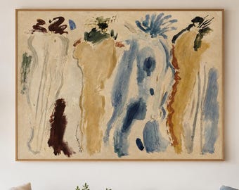 Wunderliches figuratives abstraktes Ölgemälde, spielerische Figur mit kräftigen Farbtönen und tropischen Akzenten Leinwandkunst, Boho Nashville Glam Wandkunst