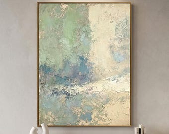 Dipinto ad olio verde e beige dipinto a mano, opera d'arte astratta su tela nei toni del verde tenue, decorazione murale minimalista ed elegante per la casa.