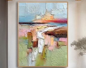 Abstract Textured Sunrise Landscape Oil Painting, 3D Impasto Coastal Minimalism Heavily Textured Canvas Art, Modern Seascape Wall Decor