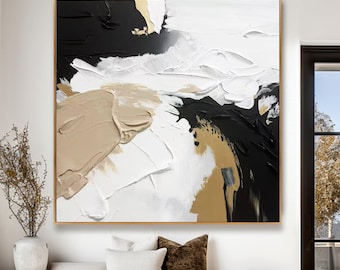 Pintura al óleo texturizada en blanco y beige, arte abstracto minimalista contemporáneo en lienzo negro, decoración de pared con espátula en tonos pastel suaves