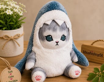 Cat Shark Plush Toy, Kawaii Kitty in Shark Costume, Cute Embroidered Plushie, Soft Stuffed Animal, Funny Cozy Gift for Cat Lovers