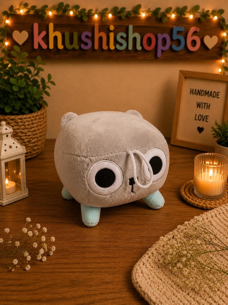 May include: A gray plush toy with large black eyes and light blue feet. The toy has a rounded body and a small white nose. The background includes a wooden sign that says "khushishop56" and a framed sign that says "HANDMADE WITH LOVE".