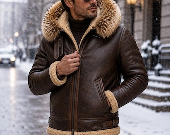 Schokoladenbraune Shearling-Fliegerjacke für Herren mit echter Fuchspelzkapuze