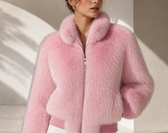 Luxus Pink Fuchs Pelz Bomberjacke für Frauen - Pelze, Zip-Up Stehkragen