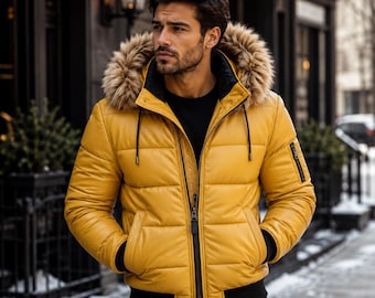 Luxuriöse Gelbe Schafsleder Kapuzenjacke für Herren