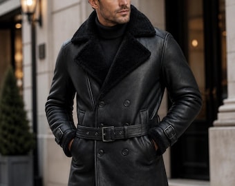 Herren Luxus Shearling Ledermantel - Schwarze Winter Trench Style Jacke