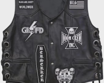 Herren Black Label Society Biker Lederweste mit kultigem Skull Logo & BLS Patches