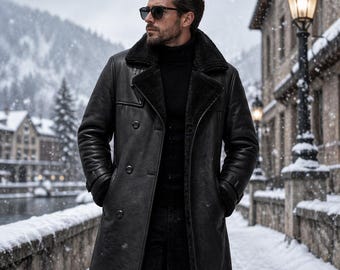 Herren Schwarz Echtleder Shearling Mantel - Klassische Winterjacke im Trench Style
