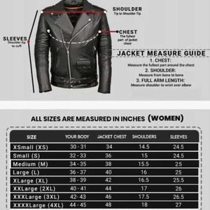 May include: A jacket measurement guide featuring two black leather jackets with diagrams indicating shoulder, chest, and sleeve measurements. Two tables provide sizing charts in inches for various sizes from XSmall to XXXXLarge with specific dimensions.