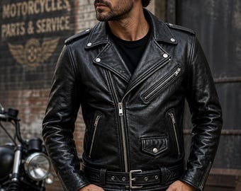 Handgefertigte schwarze Bikerjacke aus Rindsleder - Vintage Moto Rocker Style Herrenjacke