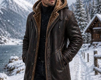 Brauner Lammfell-Leder-Trenchcoat für Herren mit Kapuze - Winterpelz gefütterter langer Mantel