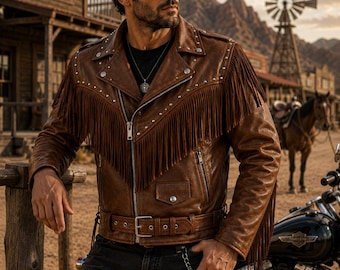 Handgemachte braune Western Fransen Leder Bikerjacke