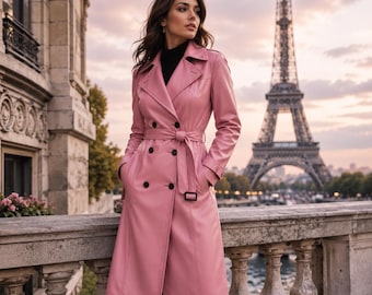 Damen Luxus Pink Leder Langer Mantel - Eleganter Gürtel Trench Style
