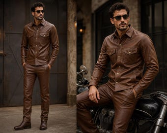 Handgefertigte Herren Lammfell Leder Hemd & Hose: Biker Streetwear Lederanzug