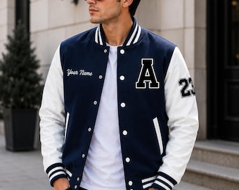 Personalisierte marineblaue Varsity-Jacke für Männer - Personalisierte Letterman-Jacke
