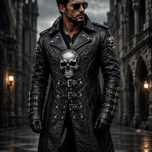 May include: A black leather trench coat featuring a large silver skull emblem on the chest, smaller skull accents on the shoulders, multiple buckled straps down the front, and buckled cuffs on the sleeves, worn with matching black leather gloves.