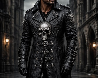 Luxury Gothic Leather Trench Coat with Skull Design – Men's Fashion Jacket