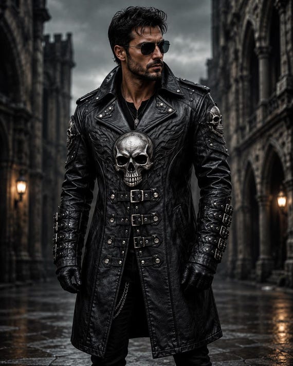 Luxury Gothic Leather Trench Coat with Skull Design – Men's Fashion Jacket