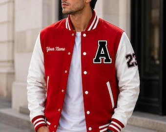 Personalisierte Rote Varsity Jacke für Herren - Personalisierte Woll & Leder Letterman Jacke Gif