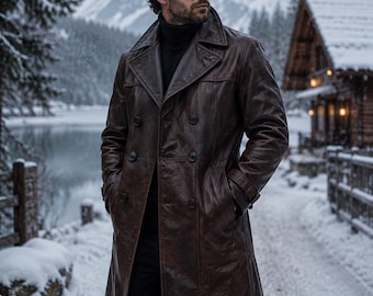 Handgefertigte Herren Echtleder Langer Mantel - Luxus Winter Modejacke